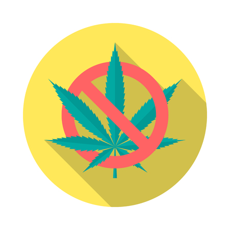 No cannabis circle icon with long shadow. Flat design style. No marijuana simple silhouette. Modern, minimalist, round icon in stylish colors. Website page and mobile app design vector element.のイラスト素材