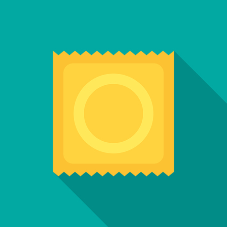 Condom icon with long shadow. Flat design style. Condom simple silhouette. Modern, minimalist icon in stylish colors. Web site page and mobile app design vector element.のイラスト素材