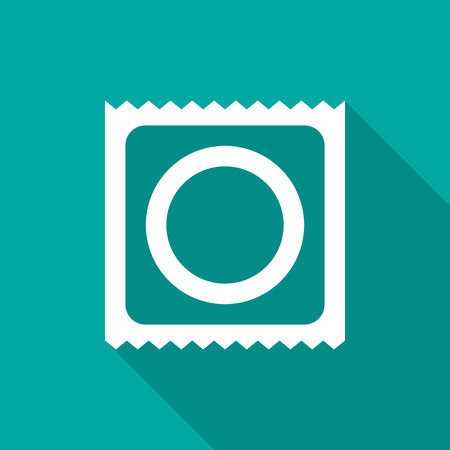 Condom icon with long shadow. Flat design style. Condom simple silhouette. Modern, minimalist icon in stylish colors. Web site page and mobile app design vector element.のイラスト素材