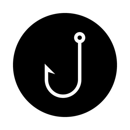 Fish hook circle icon. Black, round, minimalist icon isolated on white background. Fish hook simple silhouette. Web site page and mobile app design vector element.のイラスト素材