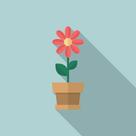 Flower in pot icon with long shadow. Flat design style. Flower simple silhouette. Modern, minimalist icon in stylish colors. Web site page and mobile app design vector element.のイラスト素材