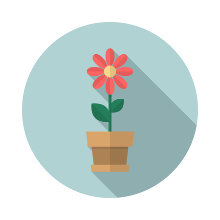Flower in pot circle icon with long shadow. Flat design style. Flower simple silhouette. Modern, minimalist, round icon in stylish colors. Web site page and mobile app design vector element.のイラスト素材