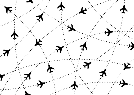 Airplane routes. Air travel. Air traffic silhouette. Black airplanes isolated on white background. Web site page and mobile app design element.のイラスト素材