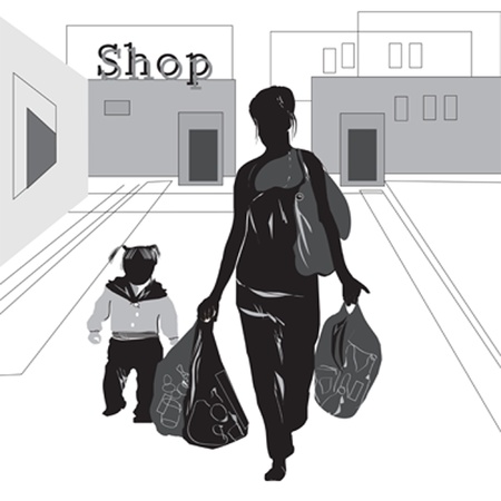 woman  with child walking from the shopのイラスト素材