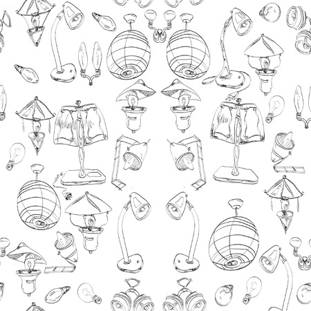 electric light, assorted bulbs hand drawn black and white seamless patternのイラスト素材