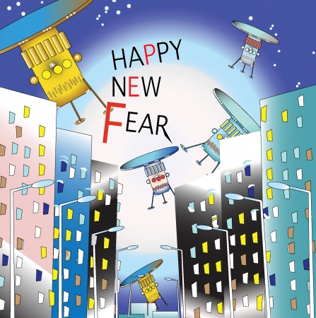 funny new year greeting card of night city and landing flying saucers of aliensのイラスト素材