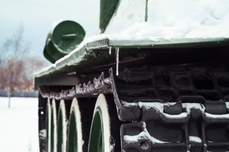 close up shot of the tank in winter,blurred  city on a background 