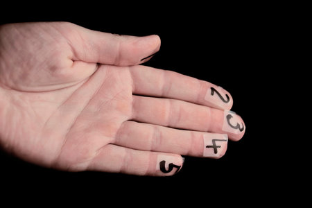 image of a  hand with fingers marked by numbers from one to five, concept of team,  close up on black の写真素材