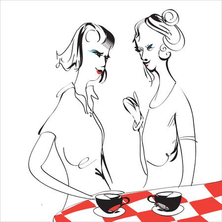 Illustration of two girls in a cafe chattering and having drinksのイラスト素材
