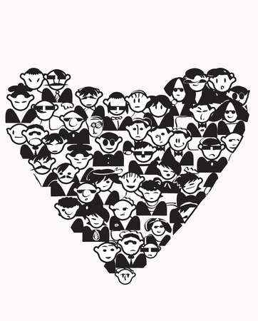 Illustration of different characters in a shape of a heart, concept of friendship in black and whiteのイラスト素材