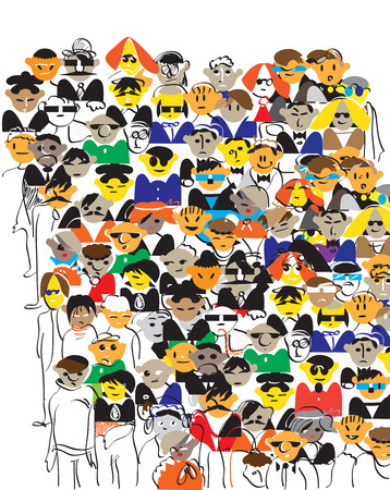 Illustration of a crowd of people in doodle style on whiteのイラスト素材