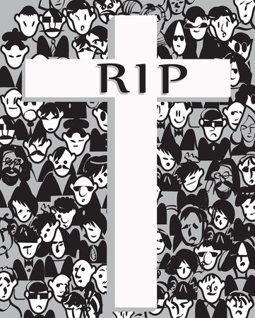 RIP written on a cross over a crowd, hand drawn illustrationのイラスト素材