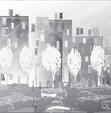 Hand drawn illustration of the snowfall in a modern city, in grey colorsのイラスト素材