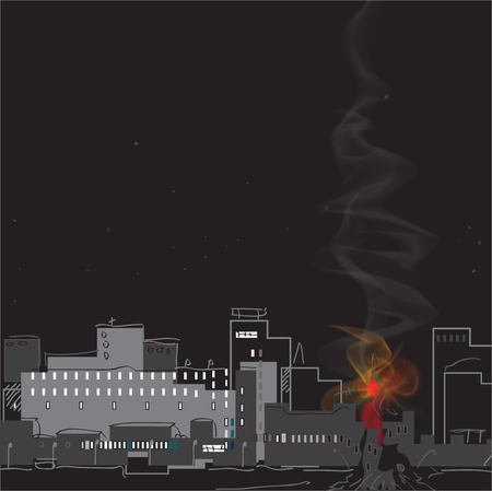 Fire in a modern city, night scene. Hand drawn illustration.のイラスト素材