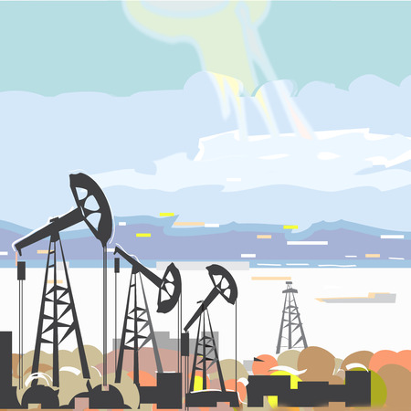 Illustration of the oil rigs pumping oil with the sea and hills in the backgroundのイラスト素材