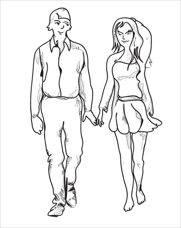 Illustration of a young couple walking along and holding hands, hand drawn in simple manner in black and whiteのイラスト素材