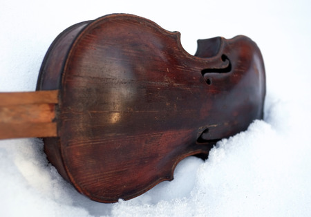 Close up of an abandoned violin, outdoor shot with shallow depth of fieldの写真素材