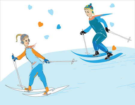 Illustration of the young couple skiing, love and winter sports conceptのイラスト素材