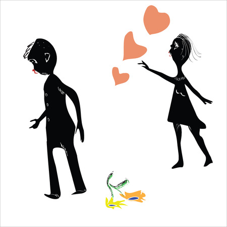 Illustration of a man walking away from his girlfriend, parting scene, flowers on the floor, isolated on whiteのイラスト素材
