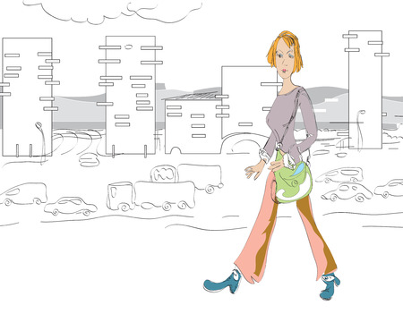 Illustration of a young woman walking, modern city in the backgroundのイラスト素材