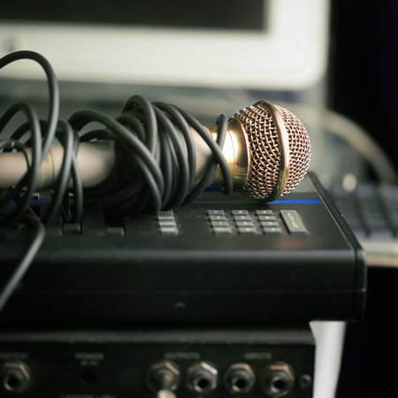 Close up of microphone on a sound amplifier. indoor shot