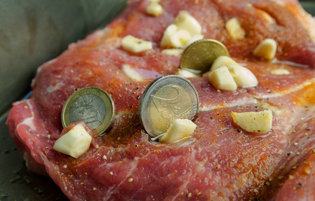 Coins, Spices and Garlic on the piece of raw  meat, close up  horizontal shot, concept of food expensesの写真素材