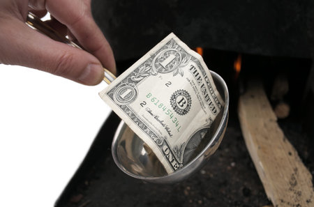 Dollar bill instead of soup in ladle, food prices increasing concept, isolated on white