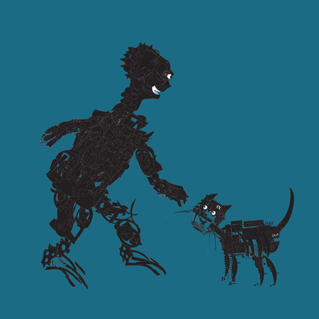 Bizarre alien stroking electronic cat, futuristic concept, illustration on blueのイラスト素材