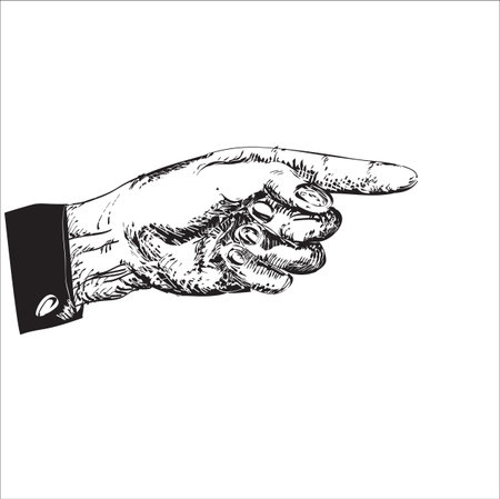 Left hand with pointing forefinger, illustration in black and whiteのイラスト素材