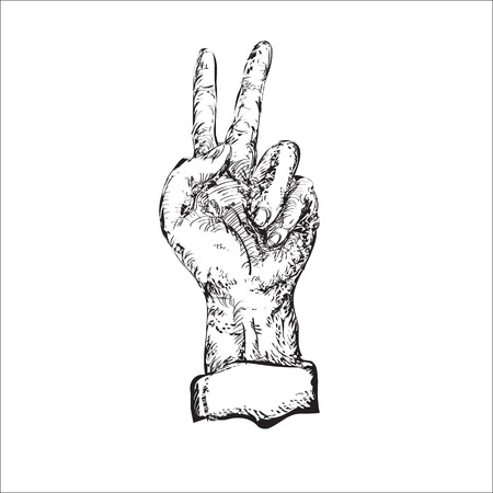 Victory sign hand drawn illustration in black and whiteのイラスト素材