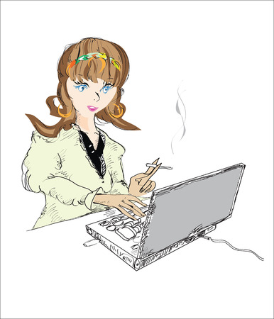 Sketch of a business woman smoking and working on a laptop, illustration on whiteのイラスト素材