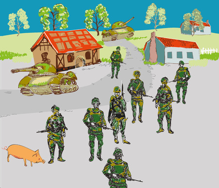 Soldiers in a small town, concept of wars and conflicts, hand drawn in childish style illustrationのイラスト素材