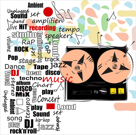 Retro reel-to-reel recorder, music notes and text, music backgroundのイラスト素材