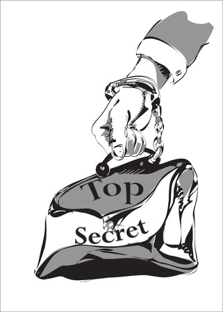 Sketch of a male hand tethered by handcuff to briefcase with Top Secret sign, in black and whiteのイラスト素材