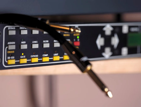 Cables on studio recording unit, closeup with shallow depth of field