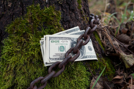 Bundle of US dollars tethered by metal chain to the tree in the forest. Concept of financial securityの写真素材