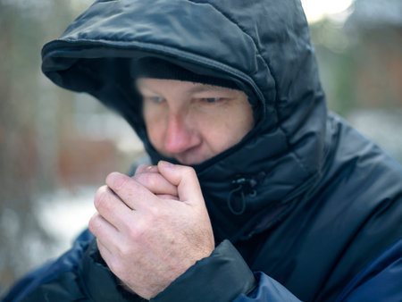 Man wearing hood warming his hands, outdoor horizontal shot