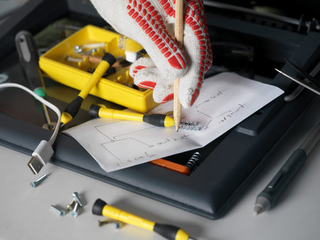 Hand in protective white glove drawing a diagram on a paper, mess of screw- nuts and working tools...