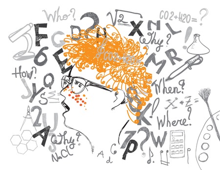 Illustration of a surprised schoolboy wearing glasses with education symbols in the background, hand drawn in doodle styleのイラスト素材