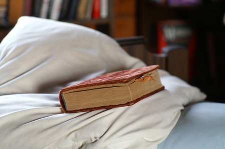 Old book in red velvet cover laid on a pillow in a bedroom, shallow depth of field shotの写真素材