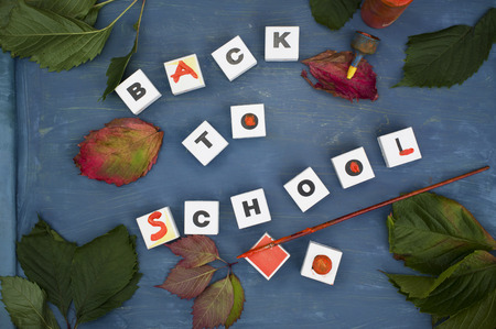 Leaves and playing cubes with text Back To School laid on the blue pupil desk. Overhead outdoor shotの写真素材