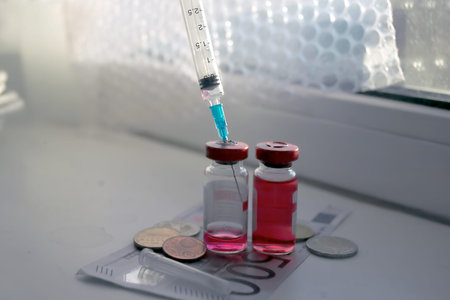 Syringe and vials with red liquid laid on the hospital window sill, closeup with selective focus