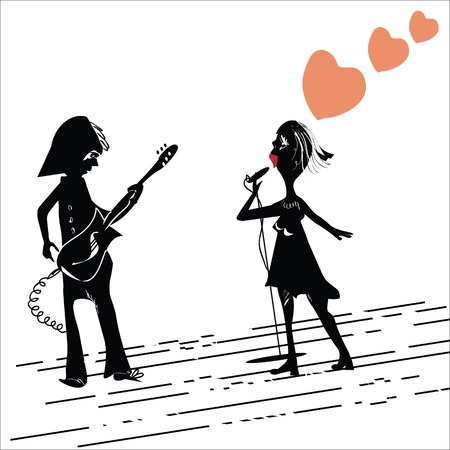 Funny characters, male and female, playing and singing, hand drawn on whiteのイラスト素材