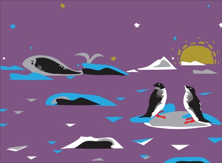 Penguins on a drifting ice and a whale in the background, wildlife of Antarctica drawn in simple mannerのイラスト素材