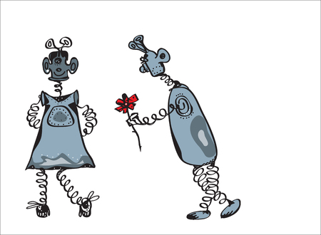 A date of two aliens or robots, male and female, illustration on whiteのイラスト素材