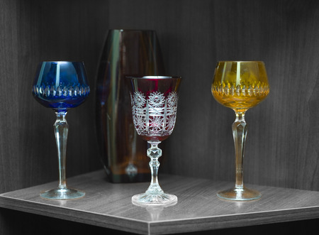 Three wine or champagne glasses in a row, selective color cropped shotの写真素材