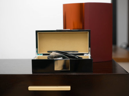 Leather wallet, car keys, cash and other personal effects in an open looking luxury storage box. Closeup cropped shotの写真素材