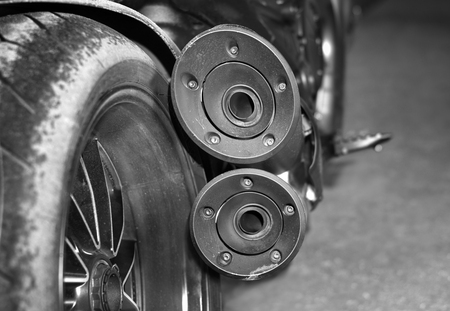 Exhaust pipes of a motorcycle, selective focus in black and whiteの写真素材