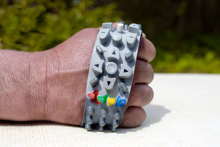 Male hand wrapped in rubber TV remote control, outdoor cropped shot with a blurred background