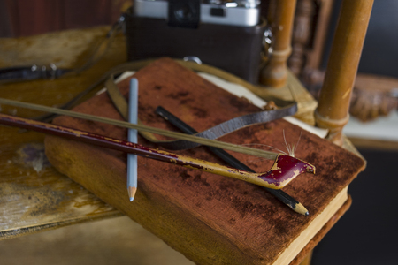 Various hobbies and interests object laid on the wooden shelf, closeup angled photoの写真素材